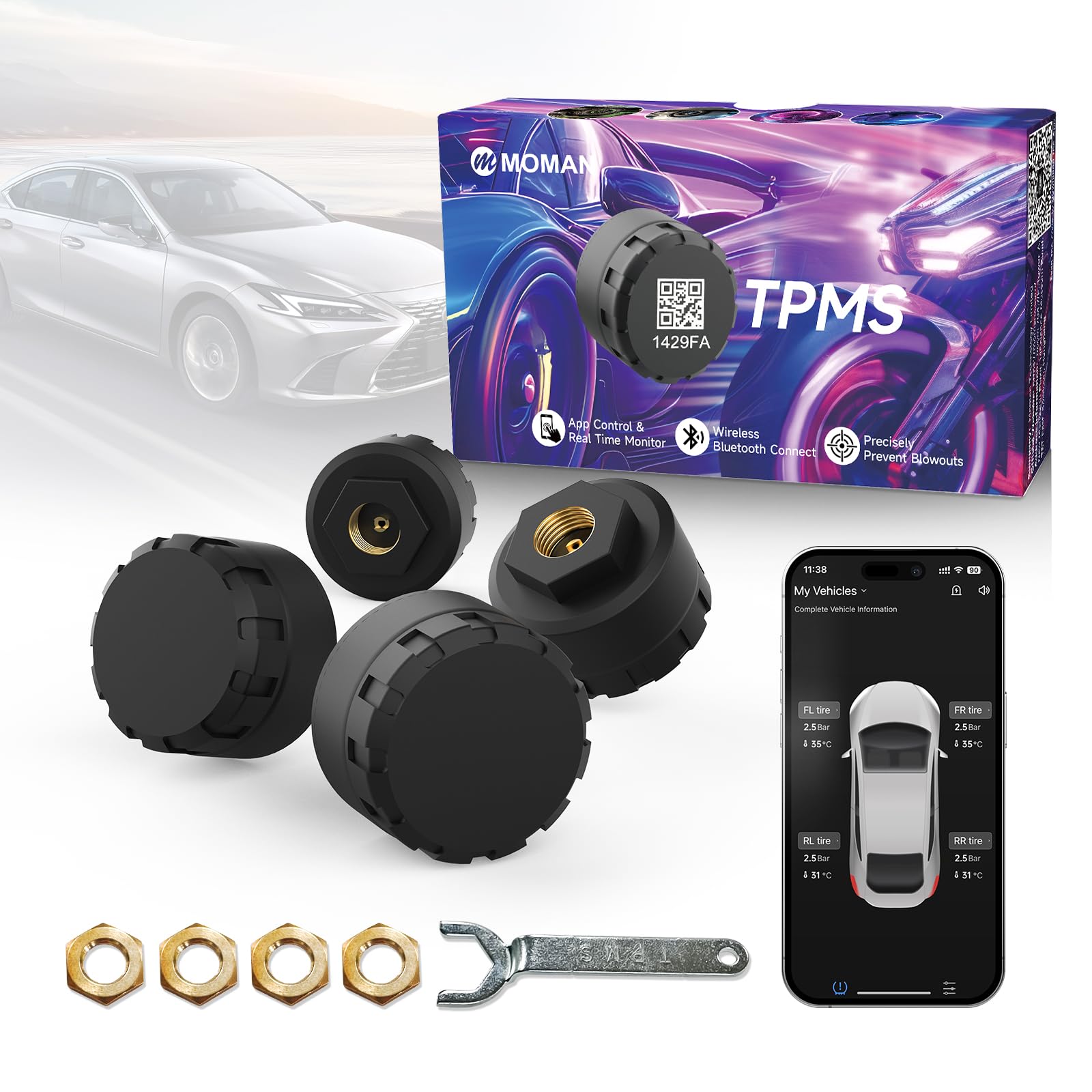 Moman Moto TPMS 4 Monitor di pressione dei pneumatici e temperatura con funzione di allarme, compatibile solo con iOS e Android