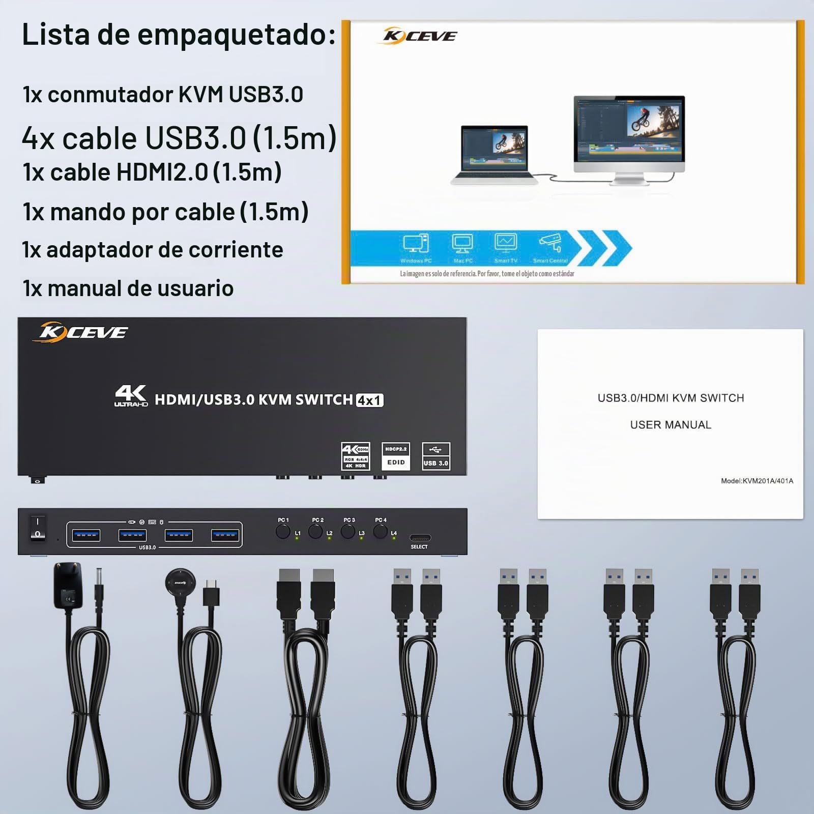 USB 3.0 Switch KVM HDMI 4 PC 1 Monitor, 4K@60Hz EDID Simulado 4 Puertos, KVM Switches 4 PC 1 Monitor Compartir 4 USB 3.0 Dispositivos Inalámbricos Ratón Teclado Impresora, con 5 Cables y Wired Remote