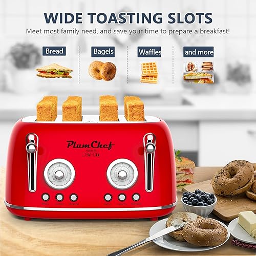 Miniatura 4 de Tostadora de estilo retro de 4 rebanadas, tostadora de doble control con estante de calentamiento, 6 ajustes de tostado, funciones de
