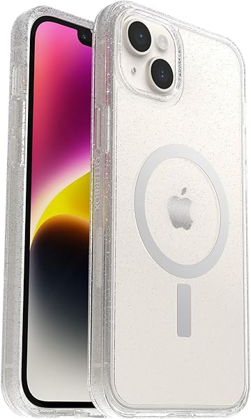 OtterBox iPhone 14 Plus Symmetry Series+ Case - STARDUST (Clear/Glitter), ultra-sleek, snaps to MagSafe, raised edges protect camera & screen