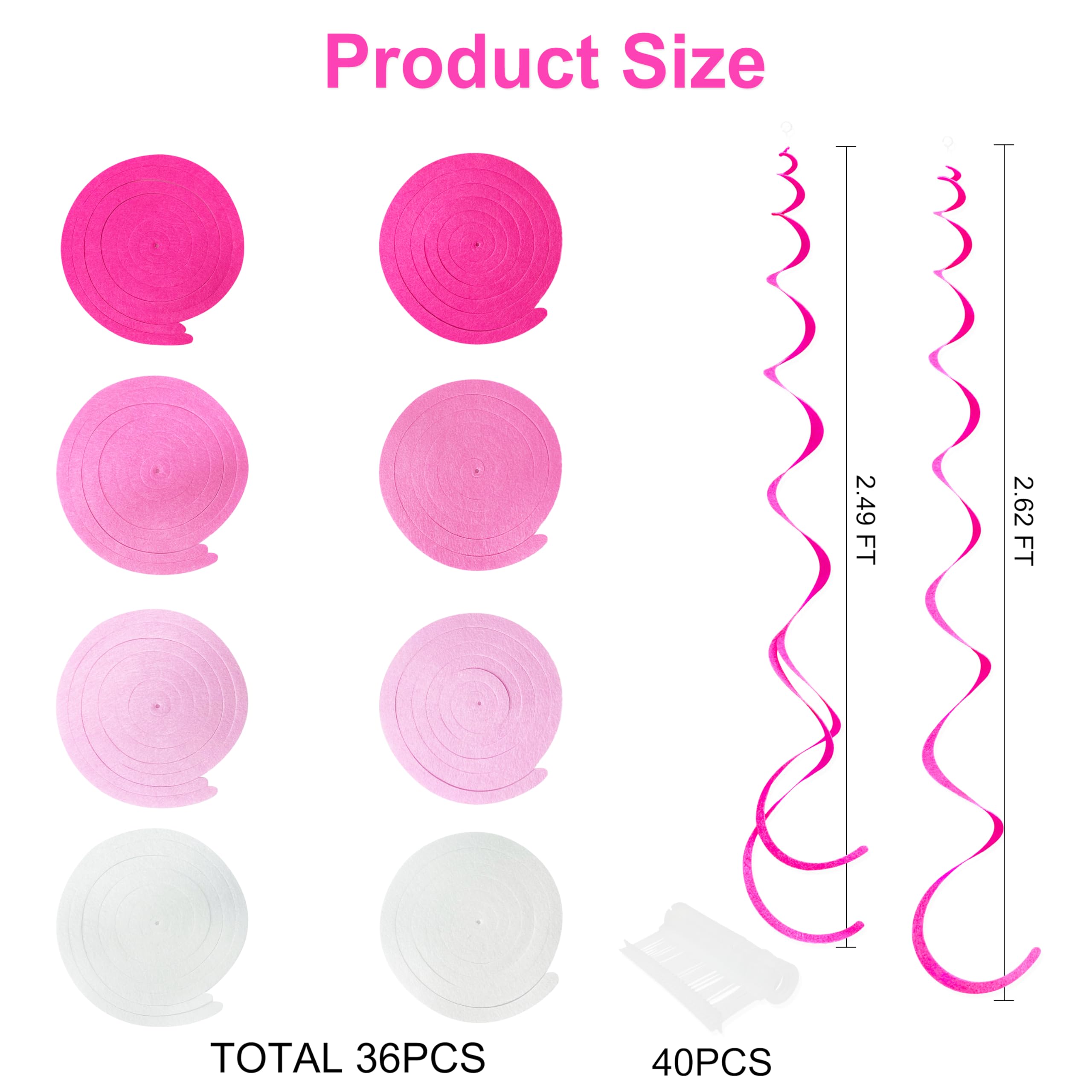 36 Stück Hot Pink Hängende Wirbel Dekorationen Ombre Rosa Weiß Filz Wirbel Luftschlangen Spirale Decke Dekoration Girlande für Geburtstag Junggesellinnenabschied Hochzeit Brautdusche Verlobung Rosa
