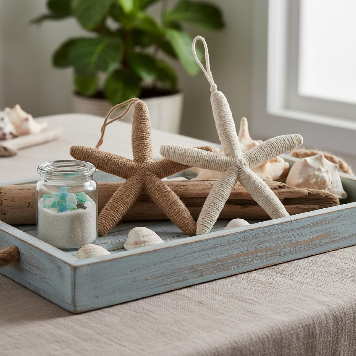 Rustic Rope Starfish Wall Hanging Decor, Set of 2 Nautical Coastal Jute Ornaments for Beach House, Bathroom, Door Handle, Wall Art, Handmade Sea Decorations Christmas Star Tree Topper