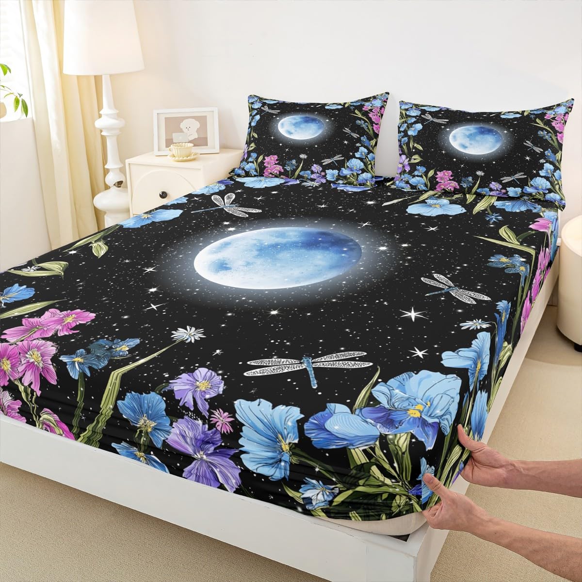 Bohemia Full Moon Fitted Sheet,Romantic Flower Garden Rustic Floral Soft Decorative Fabric Bedding Butterflies Dragonflies Wild Animals Pocket Twin