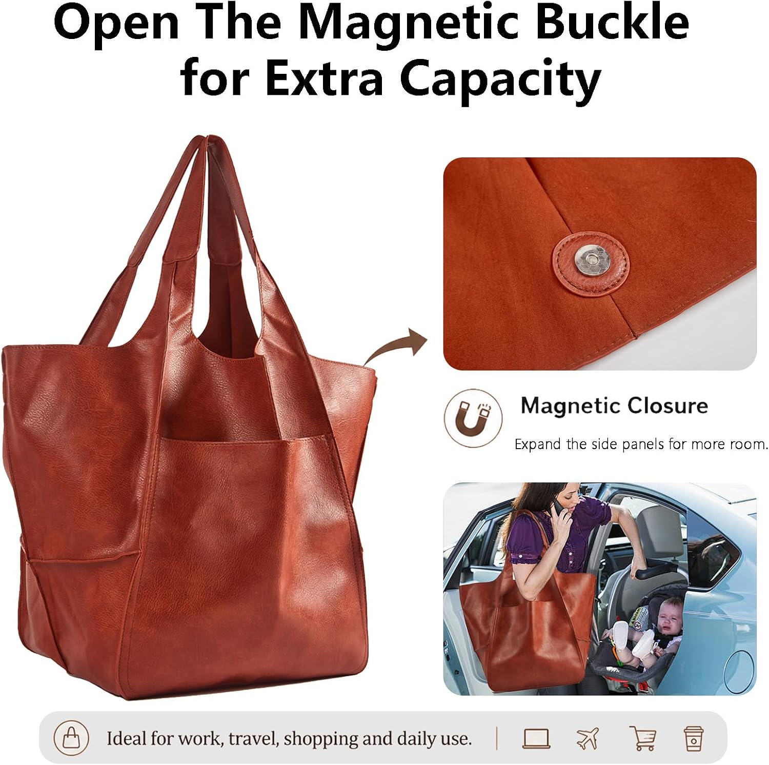 KlaOYer Oversized Leather Tote Bag Huge Capacity Work Hobo Pu Leather Bucket Purse And Handbag Large Soft Travel Shopping Bag image 4