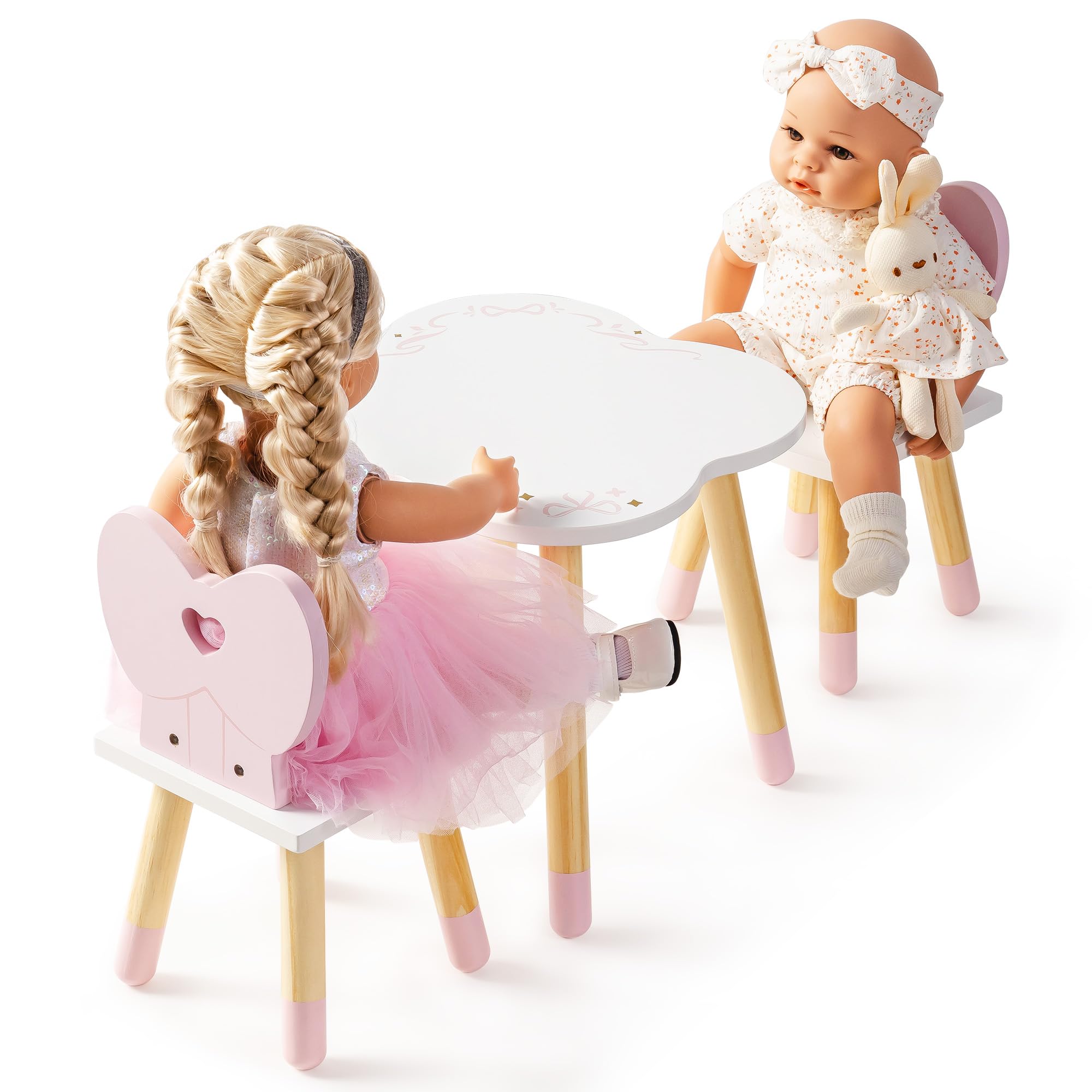 ROBOTIME Puppen-Esstisch mit 2 Stühlen aus Holz, Ballet Series, Rosa | Für 16–18 Zoll Puppen, mit Herz- und Schleifenlehnen, für Mahlzeiten, Lernen, Teepartys und fantasievolle Rollenspiele
