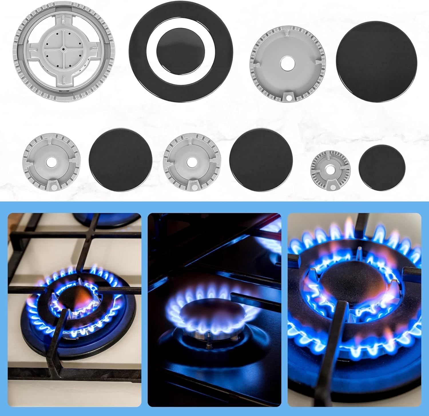 11PCS Gas Stove Burner Covers Cooker Hat Set, Comaptible for SA-BAF Gas Stoves, 1 Plus Large, 1 Large, 2 Middle, 1 Small, Lid Upgraded Gas Hob Burner Crown Flame Cap, Replacement Caps Stove Burner Hea