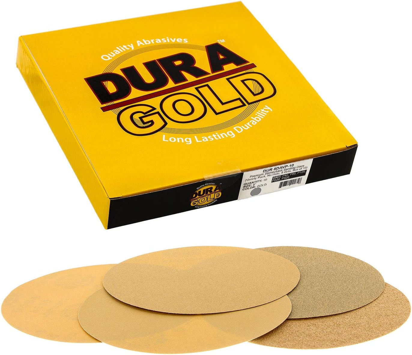 Dura-Gold Premium 40, 80, 120, 220, 320 Grit 8" Gold PSA Sanding Discs, 2 Each, 10 Total - Self Adhesive Stickyback Sandpaper Discs for DA Sander, Sand Automotive Car Paint, Woodworking Wood, Metal: Tools & Home Improvement