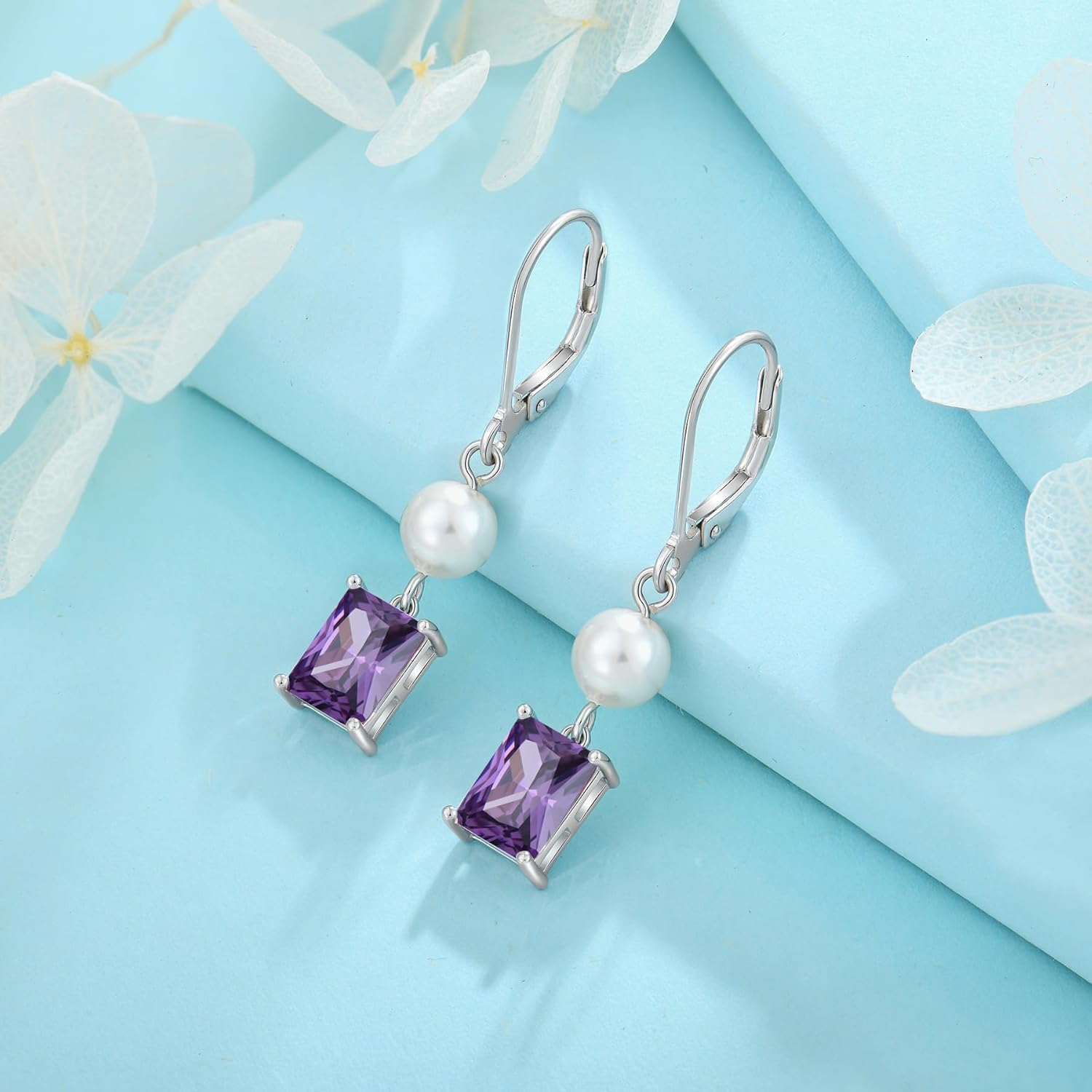 FJ Pearl Drop Earrings 925 Sterling Silver Emerald Cut Dangle Leverback Earrings Birthstone Jewelry Gifts for Women - Image 5