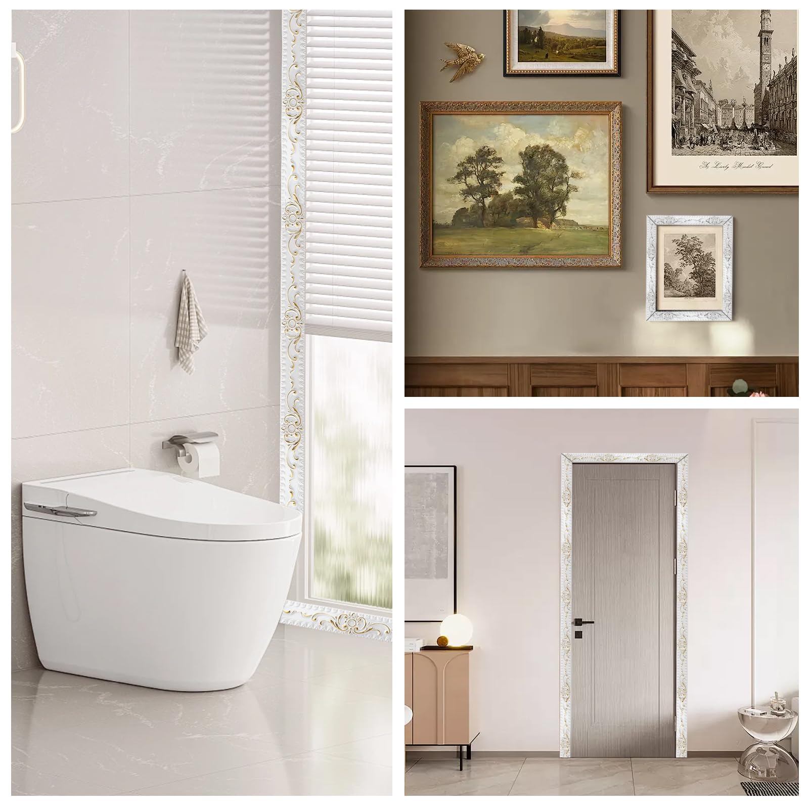 600cm*3.6cm 3D Molduras Decorativas para Pared, Autoadhesiva para Pared para Bordes de Espejos, Muebles, Marcos de Puertas, Techos, Decoración Del Hogar(Blanco con Oro)