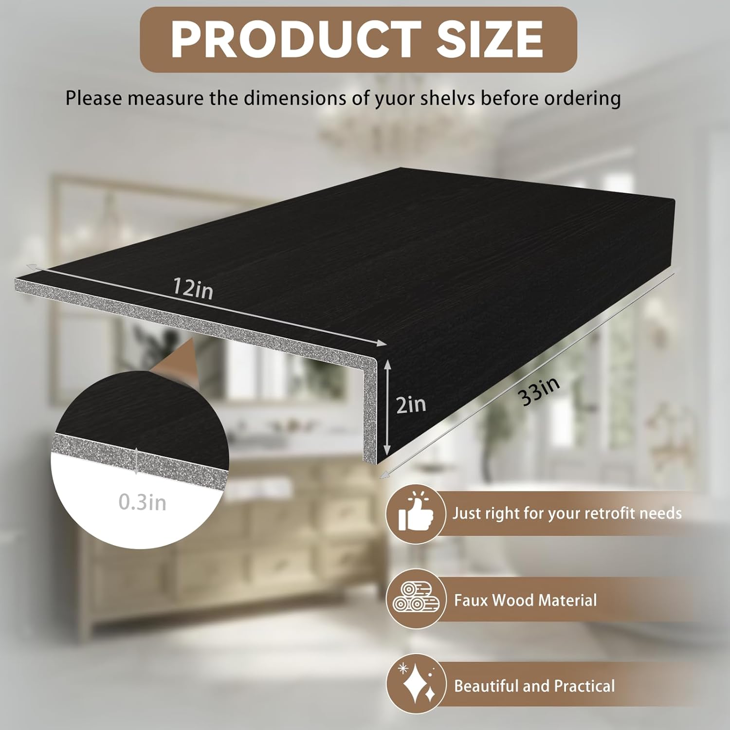 5 Pack 33x12in Wire Shelf Cover for Pantry, Closet, Kitchen – Waterproof PVC Wood-Look Wire Rack Covers for Shelves, Multiple Sizes Available?No-Tool Installation 33x12x2in Black