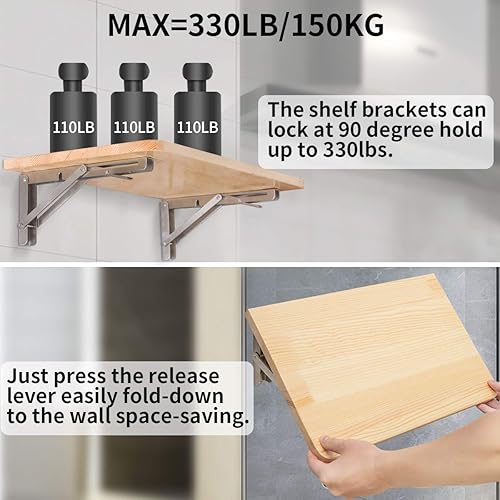 Miniatura 34 de YUMORE Soportes de estante plegables de 24 pulgadas, carga máxima: 330 libras de acero inoxidable resistente soporte de estante plegable para mesa