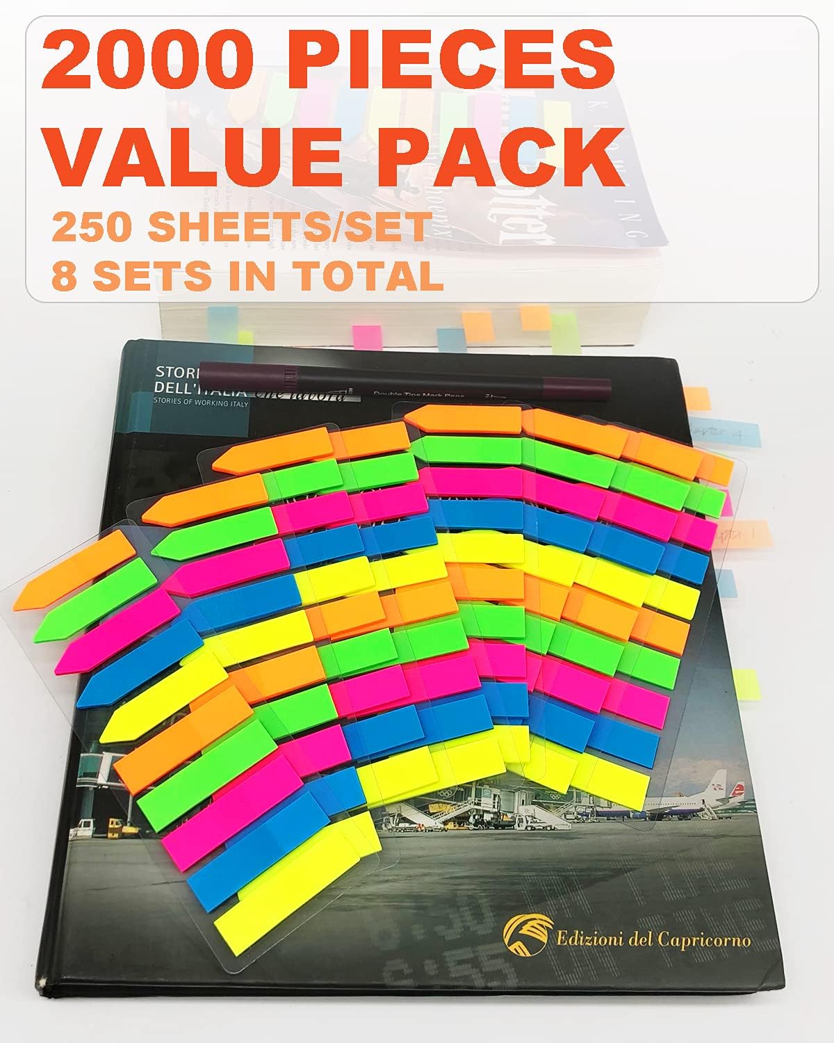 Neon Page Markers Sticky Index Tabs, 2000 Pieces Fluorescent Arrow Flag Tabs, 2 Shapes Sticky Note Flags, Translucent Page Makers for Page Marking, Writable, Repositionable, Durable : Office Products
