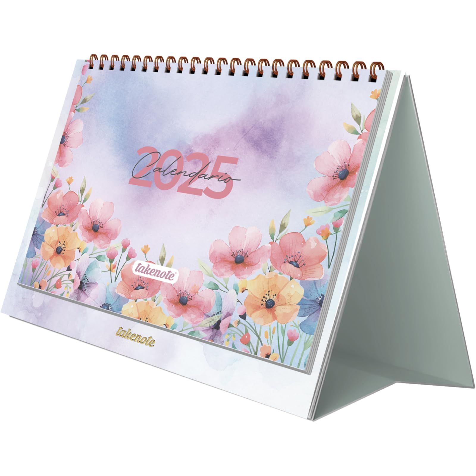 Desktop Calendar 2025 - Monthly January to December, Spanish and English, Size 21.5 x 15.5 cm, With Monthly and Annual Planners, Double Wire-o Binding - Takenote Amapola