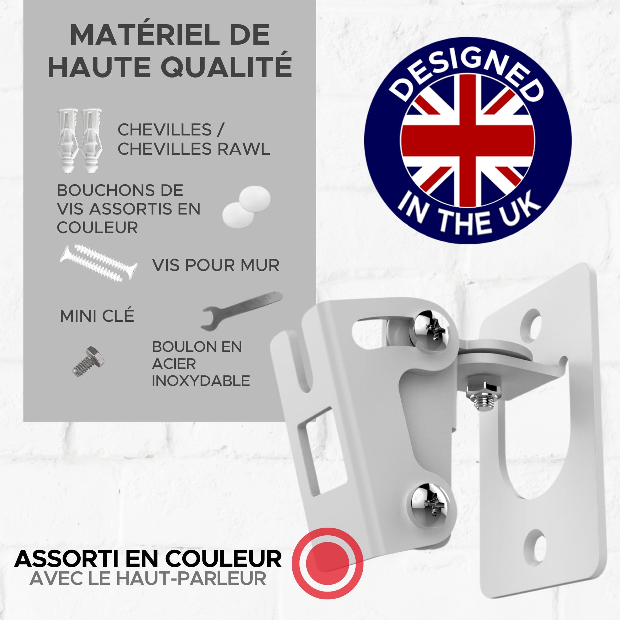 Play 1 Paire de Supports muraux Blanc compatibles avec Sonos Play:1 Uniquement, Lot de 2, mécanisme de pivotement et d'inclinaison réglable, 2 Supports de Montage Comprenant Toutes Les Fixations