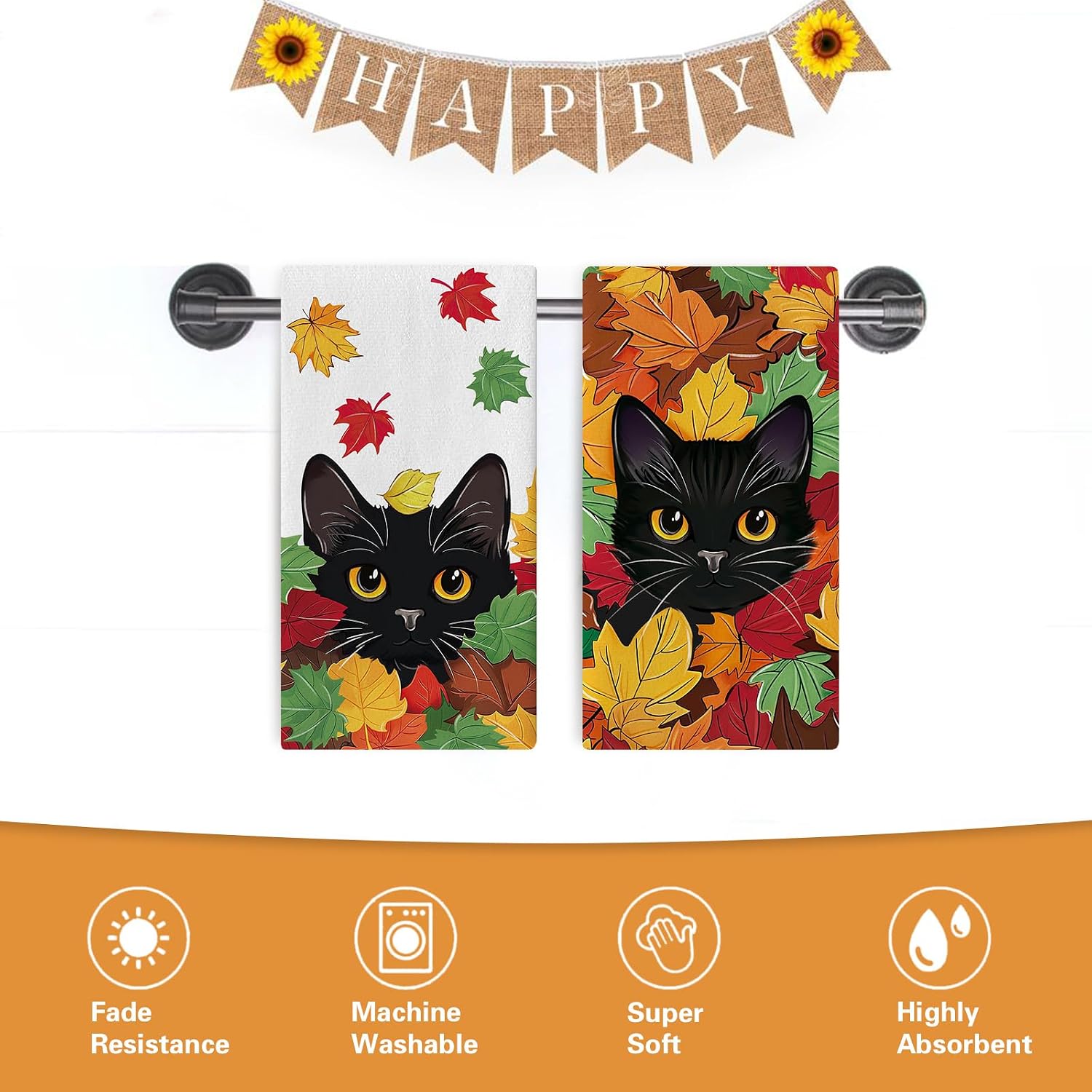 Fall Black Cat Maple Leaves Kitchen Dish Towels Set of 2