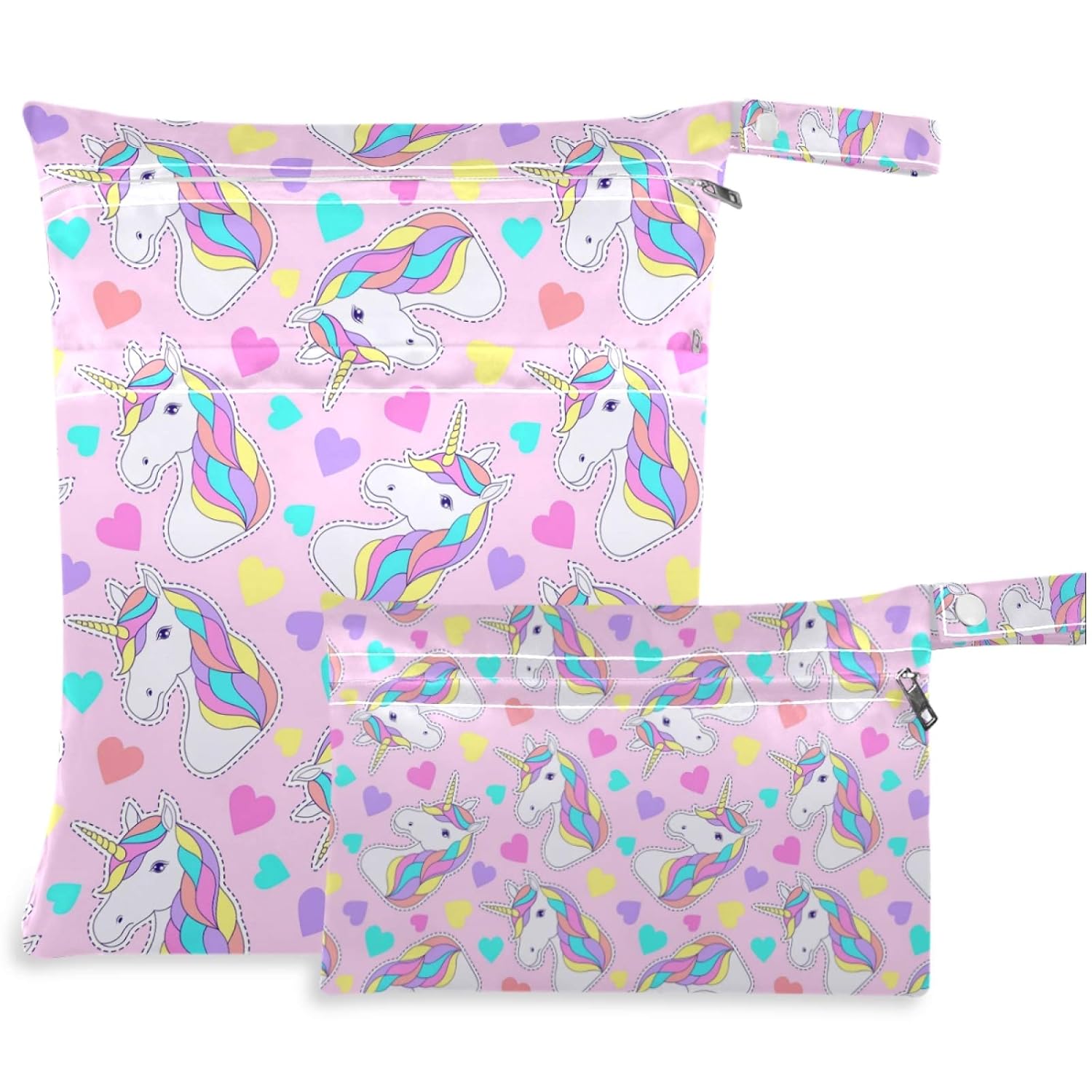 visesunny Cartoon Unicorn Colorful Heart 2Pcs Wet Bag with Zippered Pockets Washable Reusable Roomy for Travel,Beach,Pool,Daycare,Stroller,Diapers,Dirty Gym Clothes, Wet Swimsuits, Toiletries