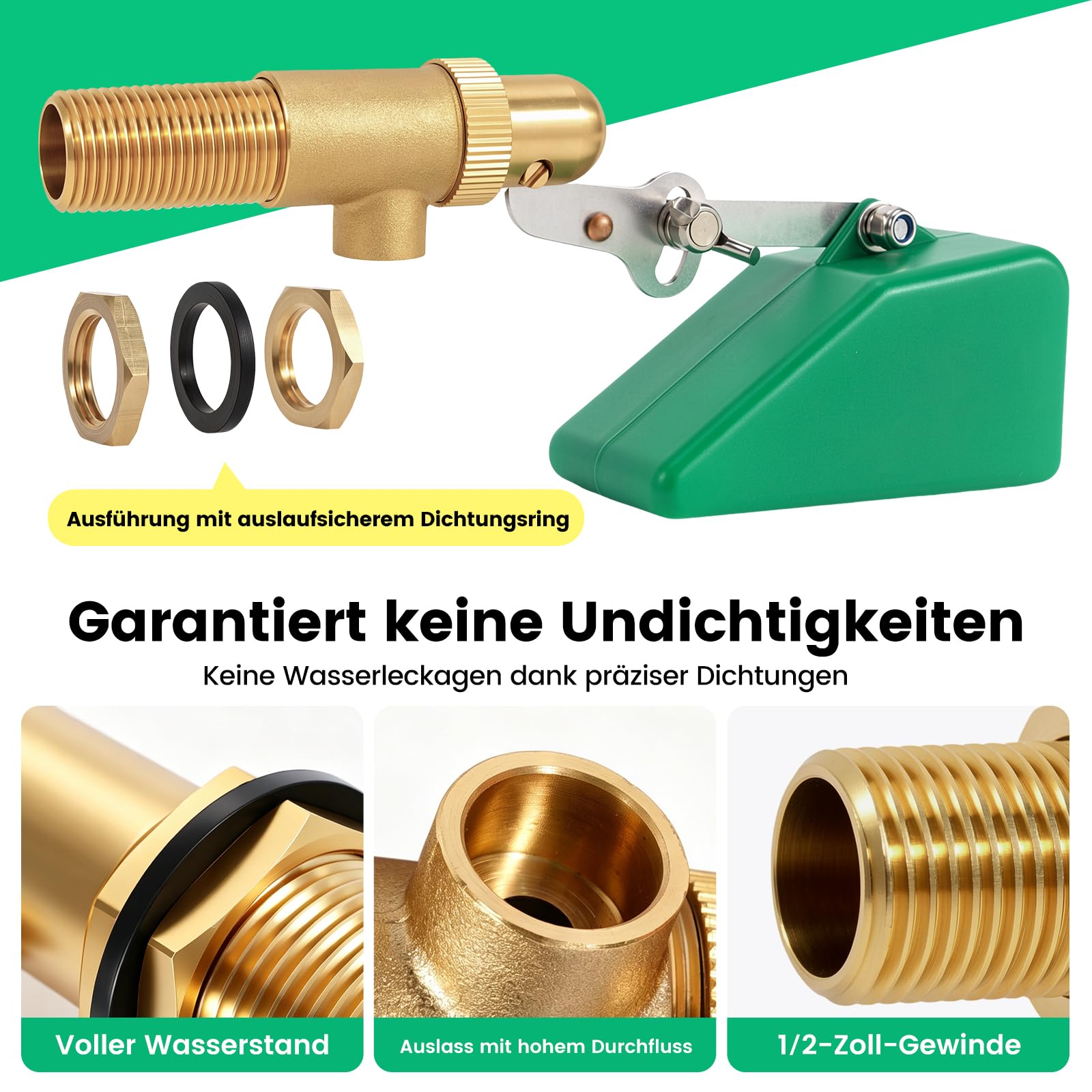 1/2" Schwimmerventil, Messingventil mit Kunststoffschwimmer, schwimmender Kugelhahn mit verstellbarem Arm, automatische Wassernachfüllung, für Fischbecken, Hundetränken, Rinder- und Schafstränken