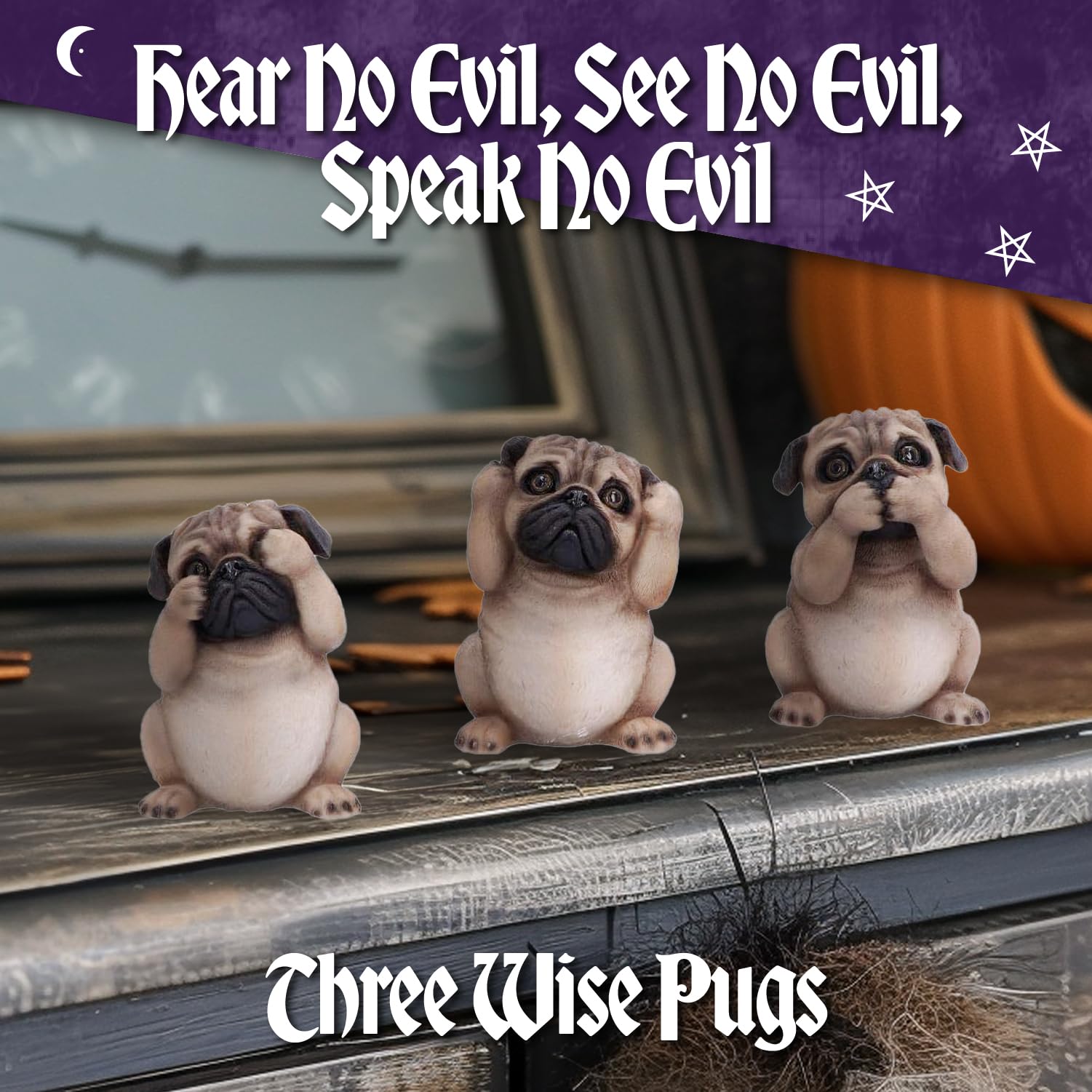 Nemesis Now Three Wise Pugs 8.5cm, Resin, Fawn - Image 2
