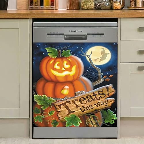 Miniatura 3 de Treats This Way Hallowenn - Funda magnética para lavavajillas con diseño de calabaza ligera, calcomanías de vinilo para cocina, 23 pulgadas de ancho