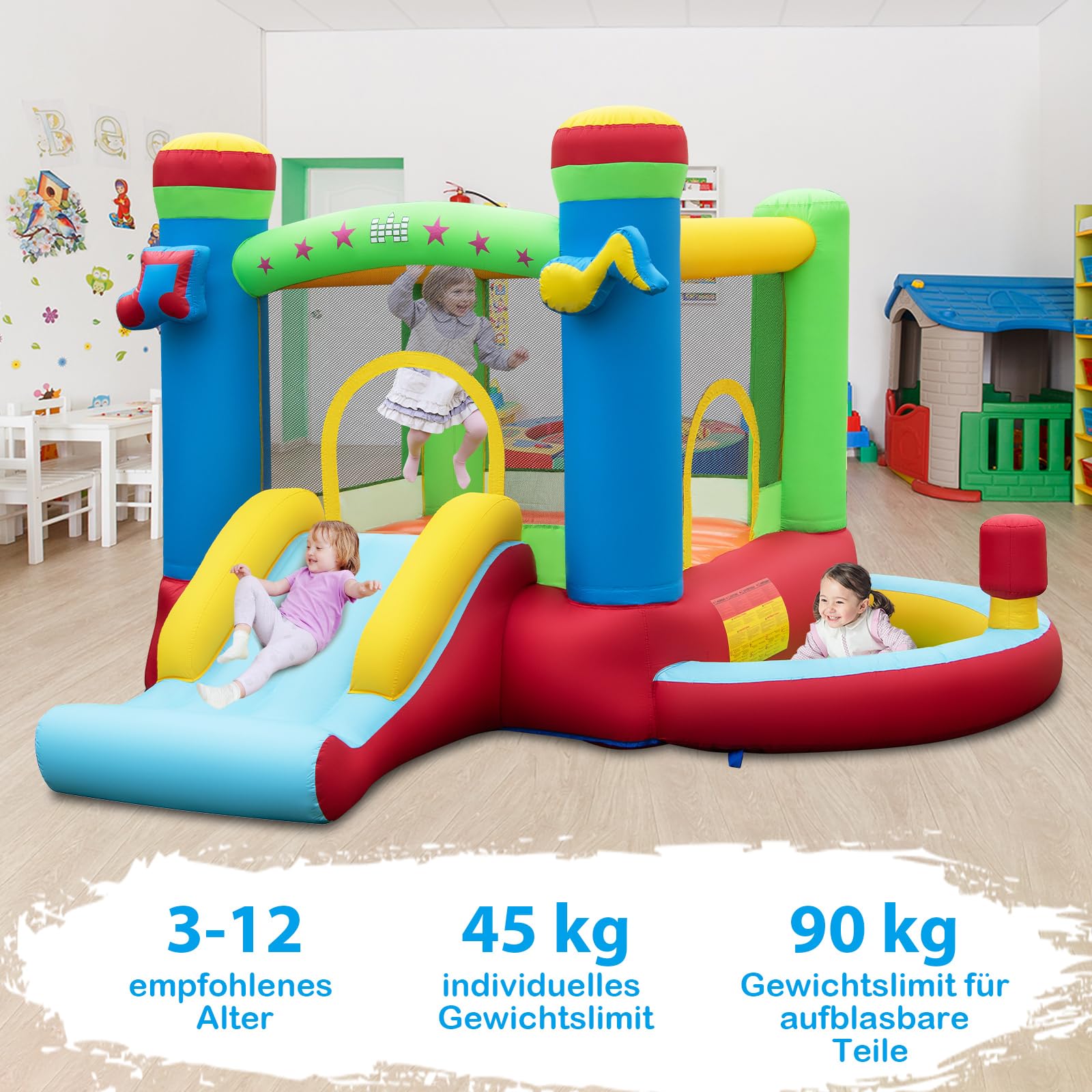 COSTWAY Hüpfburg mit Rutsche, Sprungbereich, Basketballkorb, Bällebad und Boxbereich, für Indoor und Outdoor, inkl. Tragetasche, Reparaturset, 294 x 290 x 190 cm