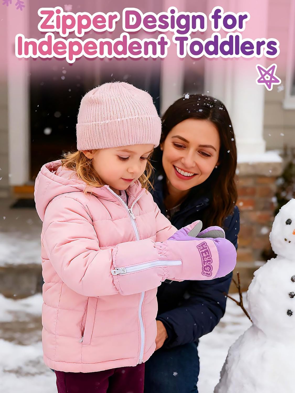 Easy-On & Off Zipper Waterproof Toddler Snow Mittens- Winter Kids Ski Gloves for Ages 3-6 Girls Boys Gifts, 2 Pairs - Image 6