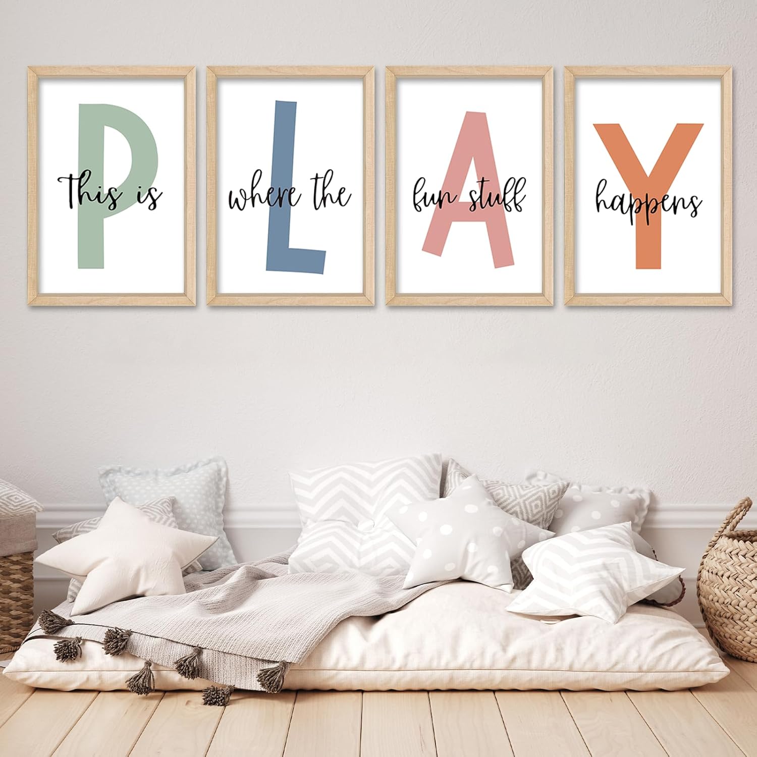YWJKWLGS This Is Where The Fun Stuff Happens Kids Playroom Wall Decor 16"x24" Set of 4 Nursery Interesting Modren Wood Framed Let's Play Prints Sign for Boy Toddler Children Wall Hanging Art (Wood)