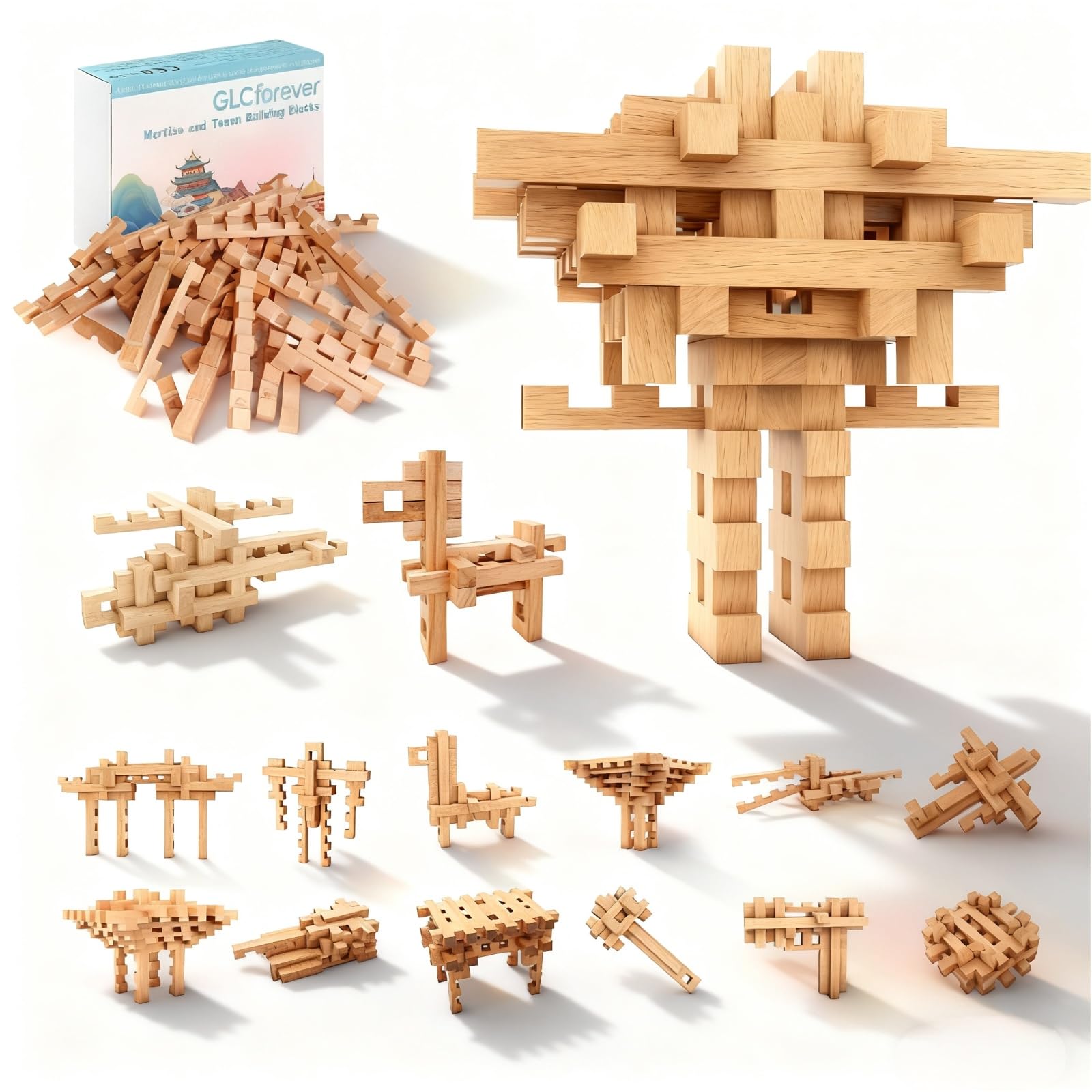15 in 1 STEM Wooden Building Blocks -15+ Various Shapes, 3D Puzzle, Brain Games