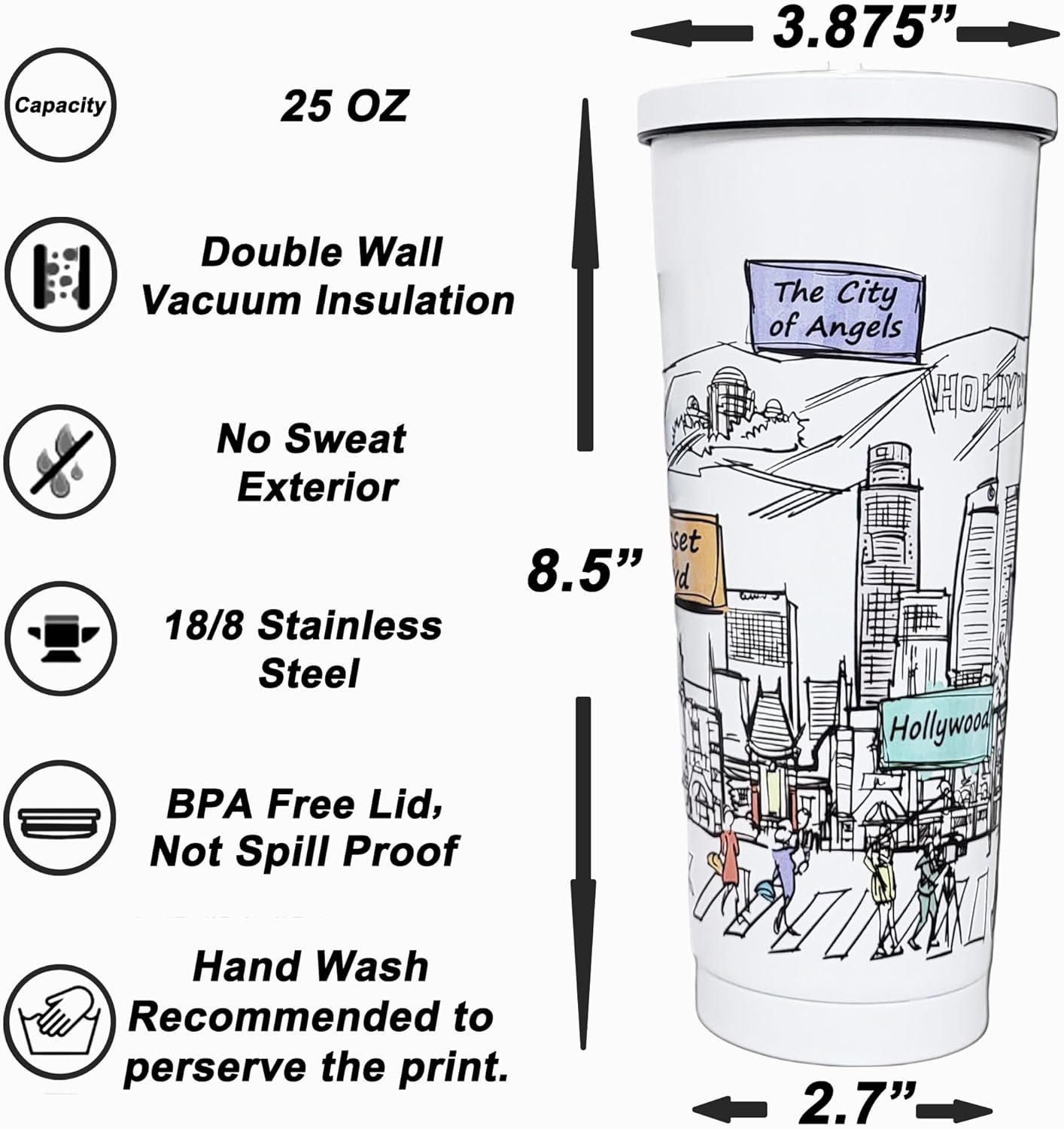 Cities Around the World 25 Oz Tumbler Series - Designed in the USA - Vacuum Insulated Tumbler with Lids & Straw - Stainless Steel Coffee Water Travel Mug, for Hot Cold Drink (Los Angeles) - Image 7