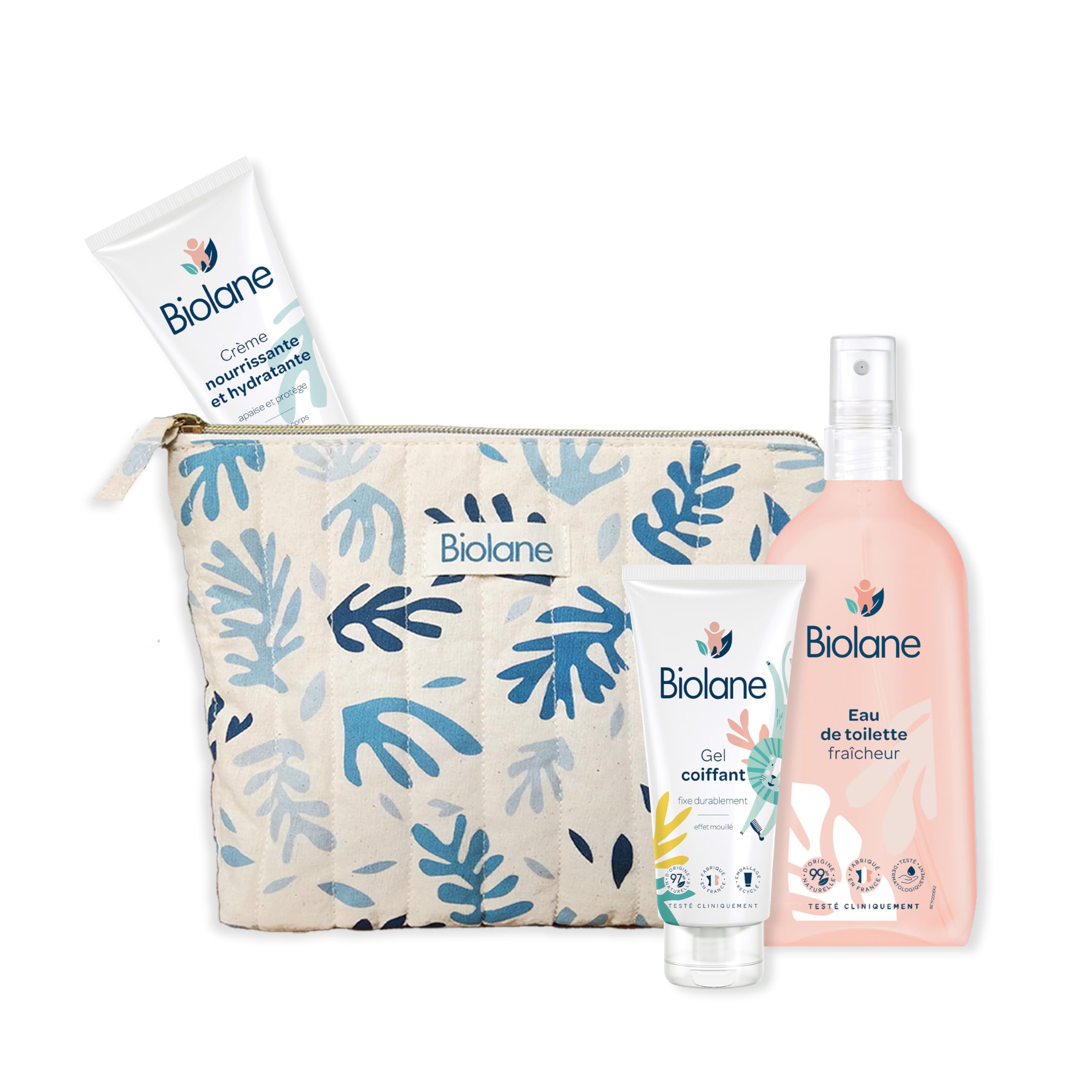 BIOLANE - Trousse de toilette pour bébé - Eau de toilette - Crème Hydratante - Gel Cheveux Coiffant - Trousse de soin - Ingrédients d'origine naturelle - Format nomade - Fabriquée en France.