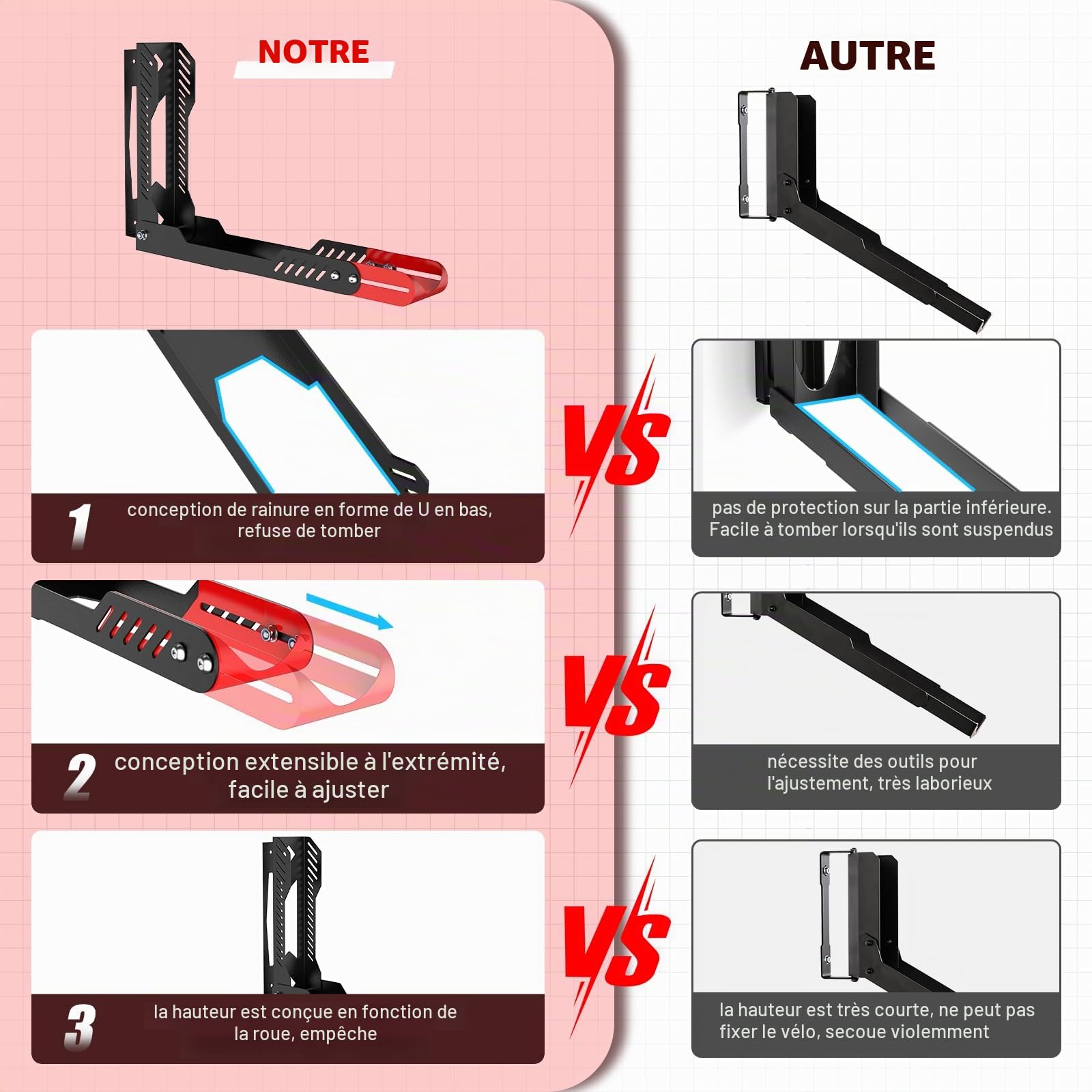 IMAYCC Support Velo Mural Pivotant, Porte Velo Mural Vertical Ajustable Et Pliable, Pas De Levage Nécessaire Accroche Velo Mural,Support à Vélos Peu Encombrant Pour Garage Vélo Léger/Vtt/Vélo De Route