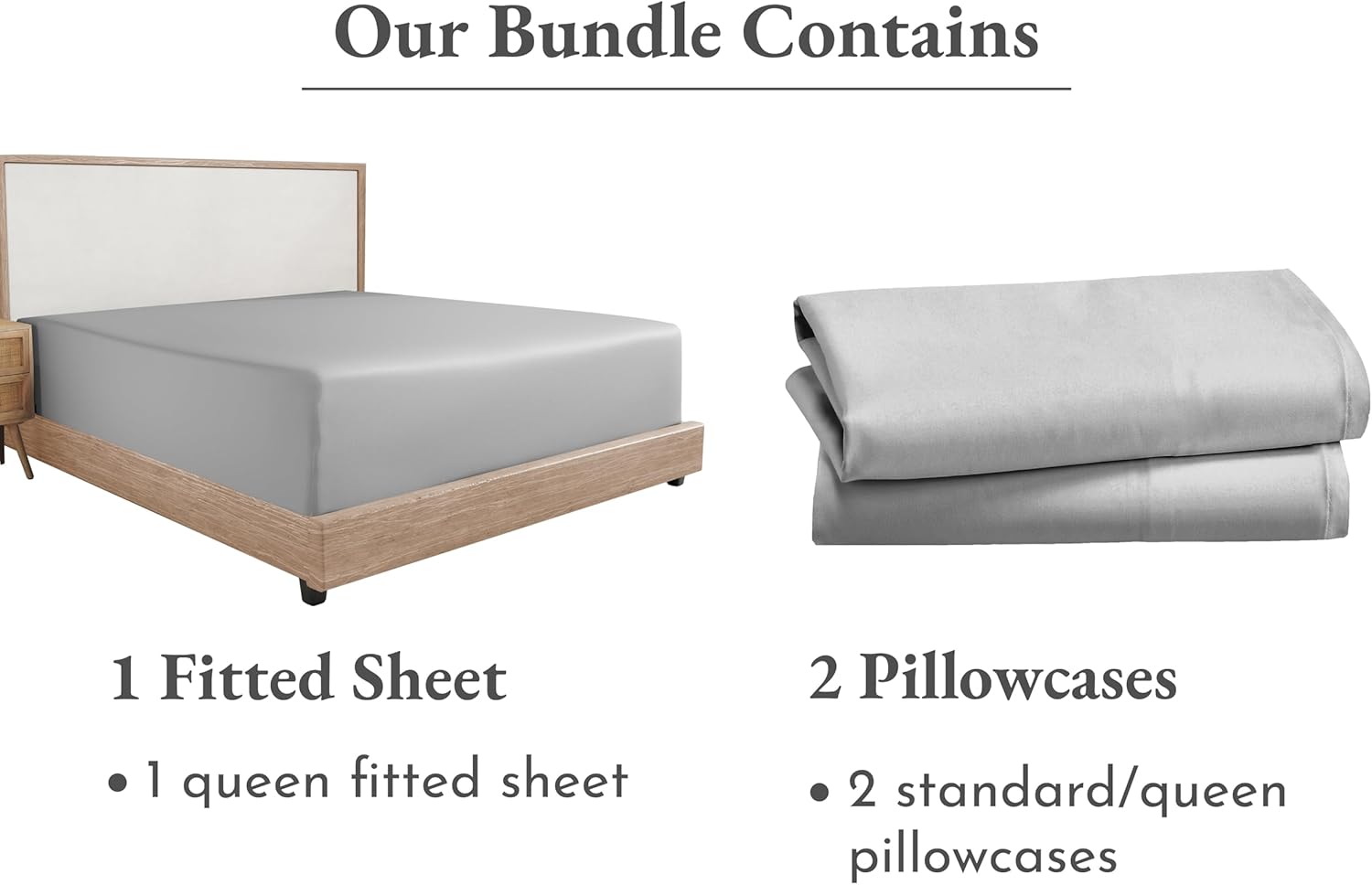 California Design Den 3-Piece Bundle - Fitted Sheet with 2 Pillowcases, Soft 100% Cotton Sateen, Deep Pockets (Queen Size, Light Grey)