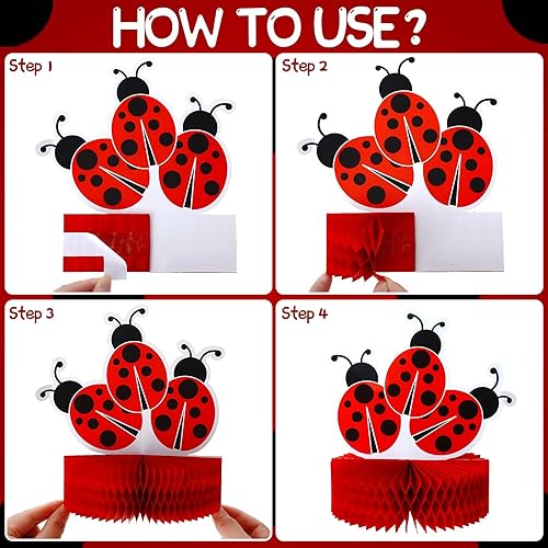 Miniatura 3 de Sumind 9 piezas de decoración de fiesta de cumpleaños de mariquita, centros de mesa de nido de abeja de mariquita, decoraciones de fiesta de lujo