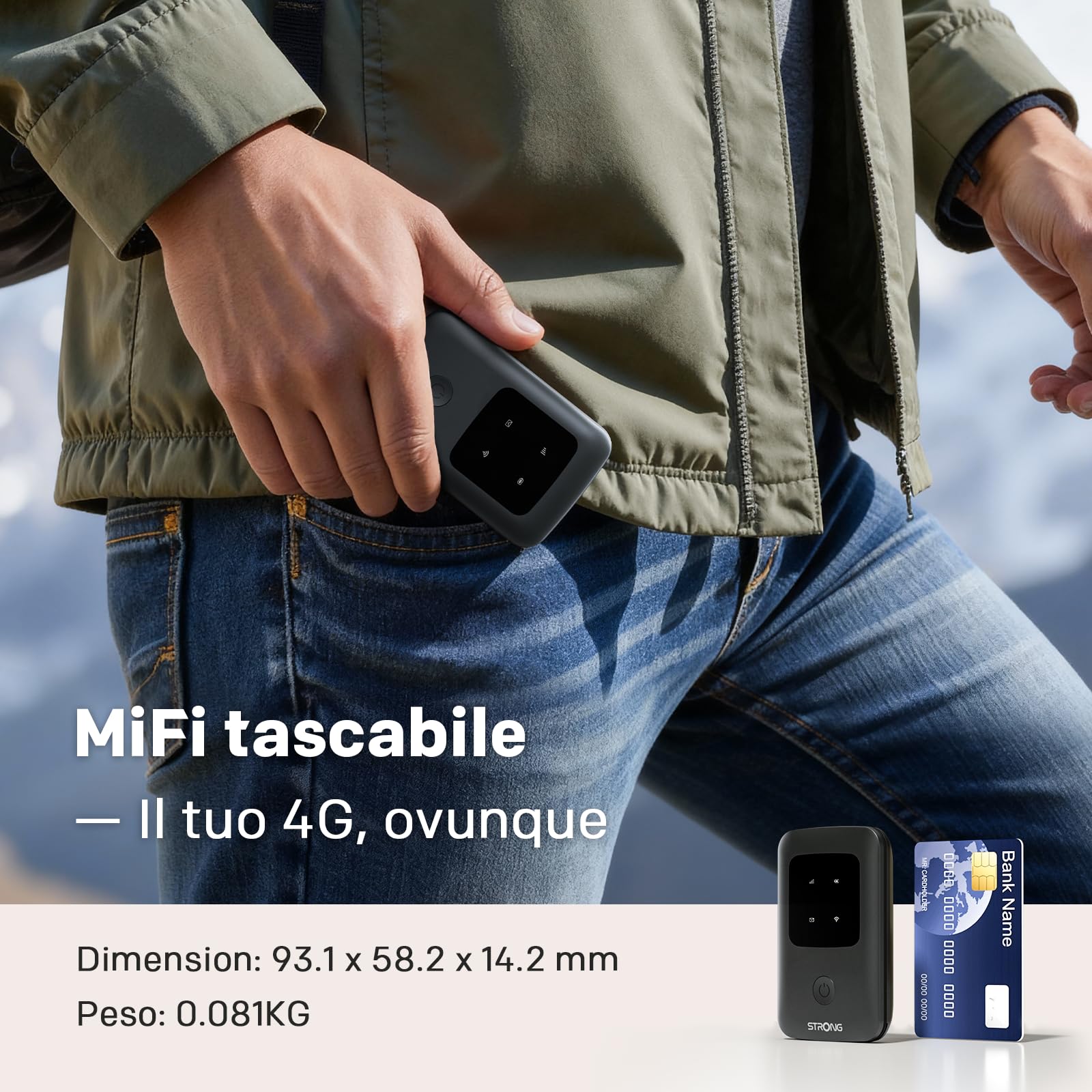 STRONG Saponetta WiFi Portatile con SIM, 4G LTE CAT4 150Mbps DL, Hotspot WiFi Tascabile da Viaggio, Connette Fino a 10 Dispositivi, Batteria Ricaricabile, Porta USB-C, Funzione Power Bank(150C)