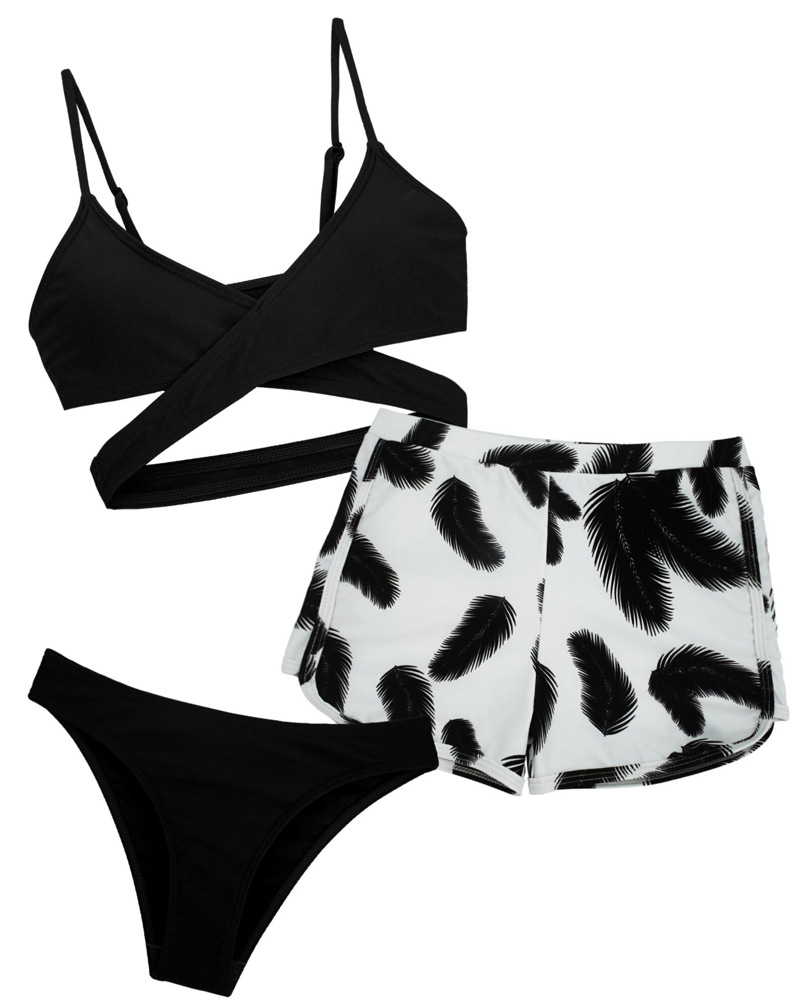 Happy Cherry Bikini Niña Traje de Baño Verano Bañador Tankini Niñas para Natación Playa Surf 3 Pcs Conjunto de Ropa de Baño Chica Protección UV Top de Triángulo Braguita Pantalón Corto - 8-14 Años