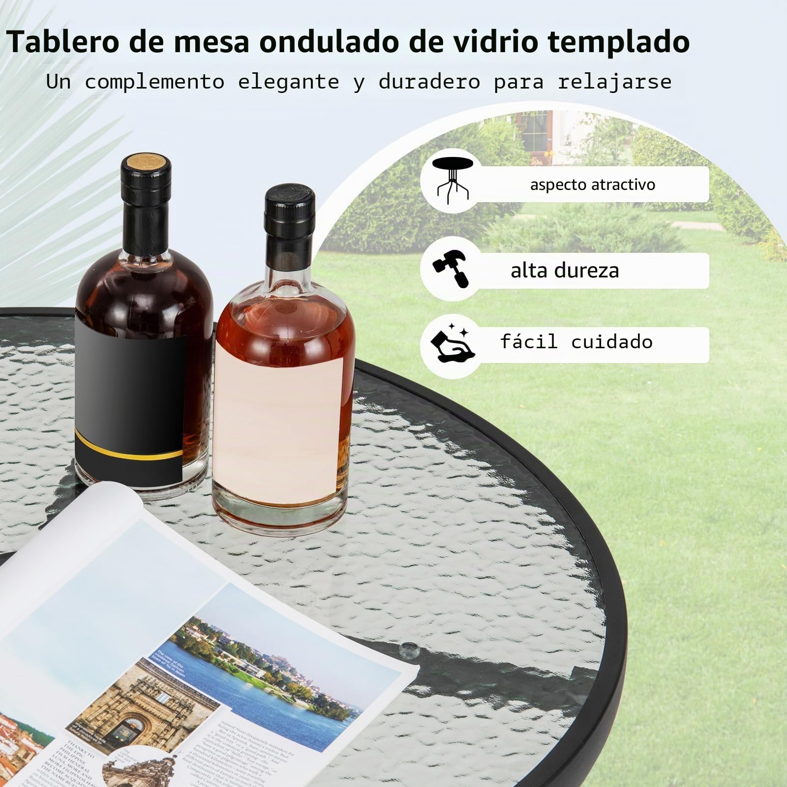 FANTASK Mesa de bistró con Tablero de Cristal Templado, 70 x 70 x 71 cm, Mesa Redonda para balcón, Mesa de Comedor al Aire Libre para terraza, Lacado Negro