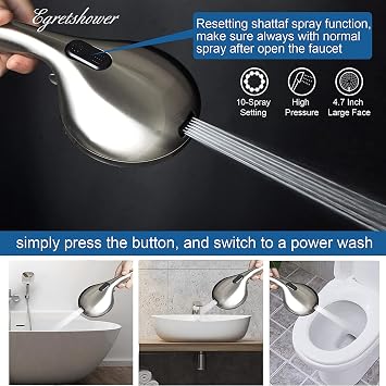 Phantom Cables WI1-41S High Pressure Handheld Shower Head, 10-Setting Showerhead, 4.7”Detachable Showerhead Set with 5ft Hose, Adjustable Bracket