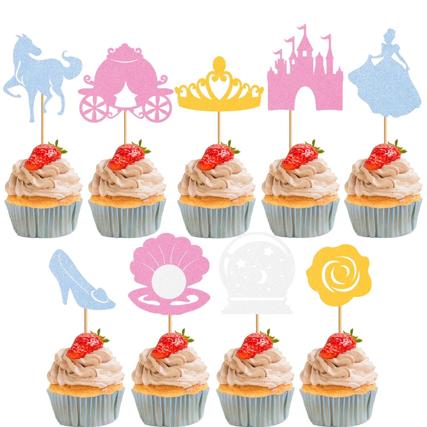 36 counts Glittery Princess Cupcake Toppers Birthday Cake Decorations, Princess Themed Cake Topper Decor Birthday Party Decoration Supplies