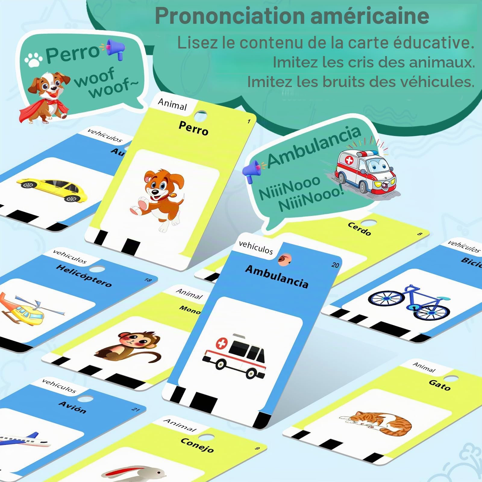 420 Cartes d'apprentissage parlantes Montessori en Espagnol - Set de flashcards avec Fonction sonore, Jouet éducatif, pour l'apprentissage préscolaire. Inclut 10 chansons en français