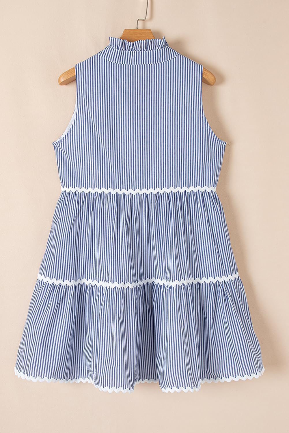 Women's Blue Stripe Sleeveless Mini Dress with Notched V Neck and Contrast RIC Rac Trim