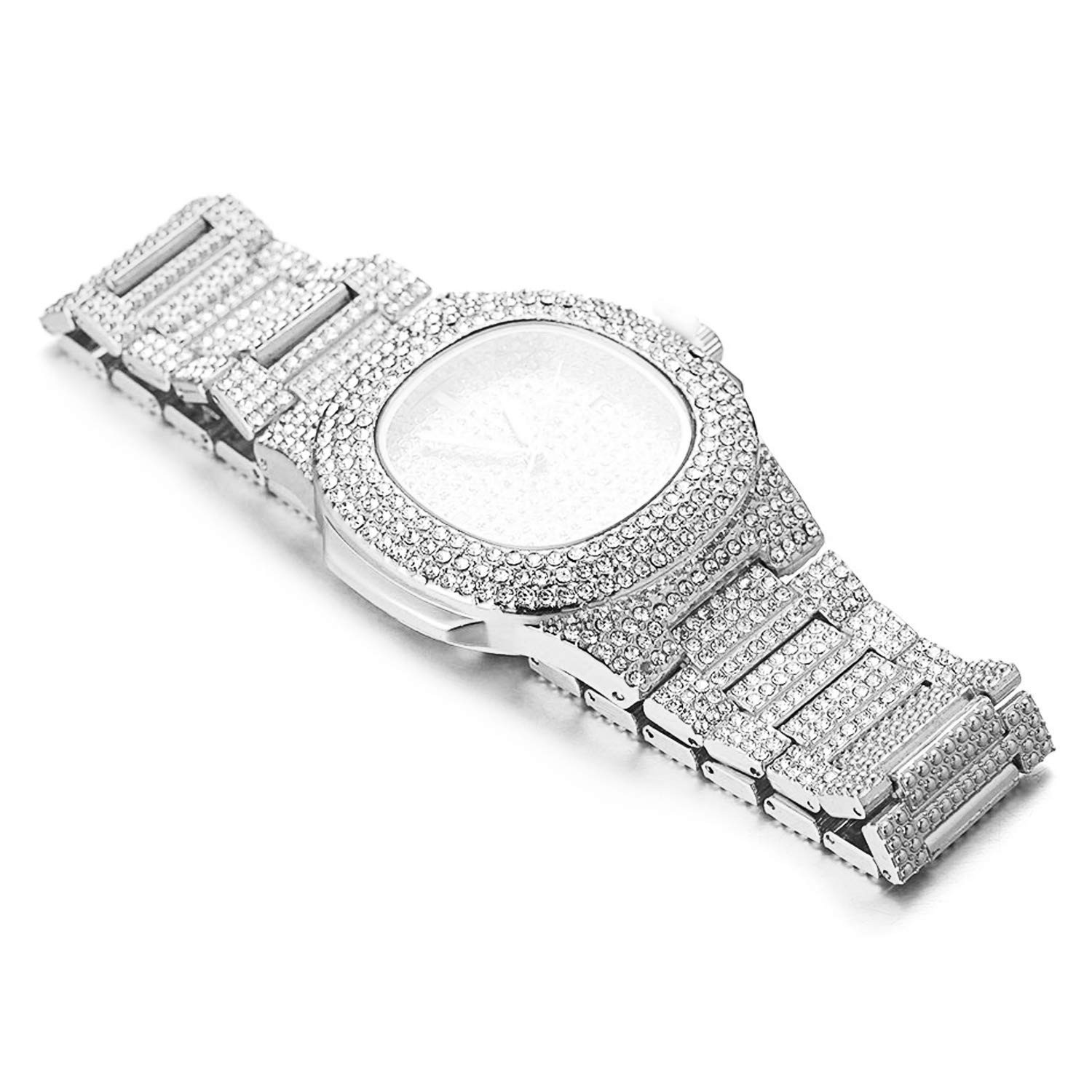 HALUKAKAH Diamante Reloj de Oro Hombres,Chapado en Oro Real de 18k/Platino Plateado en Oro Blanco Pulsera Cuarzo 24cm,con Pulsera Cubana 20cm,Diamante de Laboratorios,Gratis Caja de Regalo