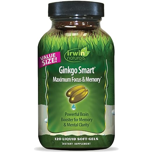 Irwin Naturals Ginkgo Smart Powerful Nootropic Brain Booster - Supports Maximum Memory, Focus & Mental Clarity with DMAE, Clubmoss, Choline & Acetyl L-Carnitine - 120 Liquid Softgels