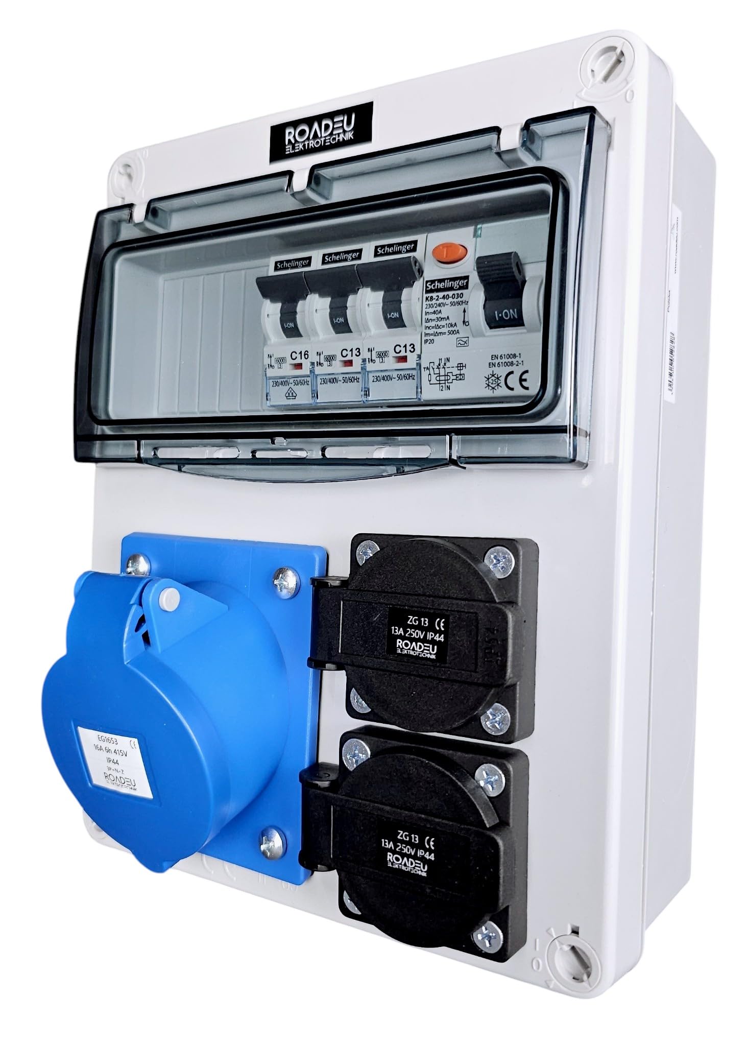 RoadEu 230V IP44 Distribution Box CEE 16A, 2 UK Sockets & RCD