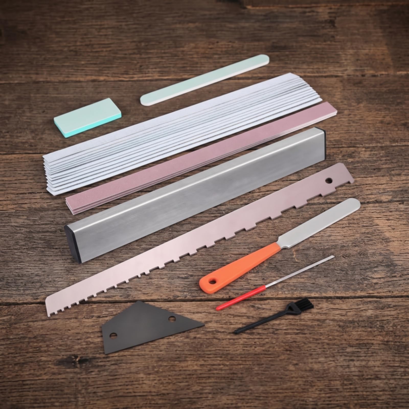 set Gitarren Reparaturset Pflege Kit Einstellwerkzeug Bundabrichtwerkzeug mit Metall Maßkante Kerblineal Feilen Schleifblöcken für Werkstatt Heimanwendung Proberaum