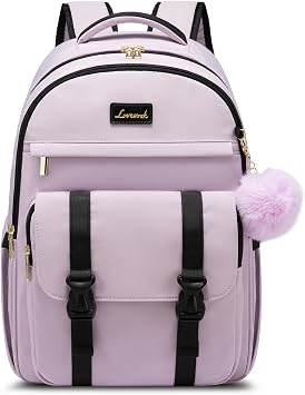 LOVEVOOK School Backpack for Teen Girls, Student Backpack Purse for 14-16 Teenage, Cute Kid Bookbag, Back to School Backpacks Fit 15.6 Inch Laptop, Large College Travel Bag, Light Purple