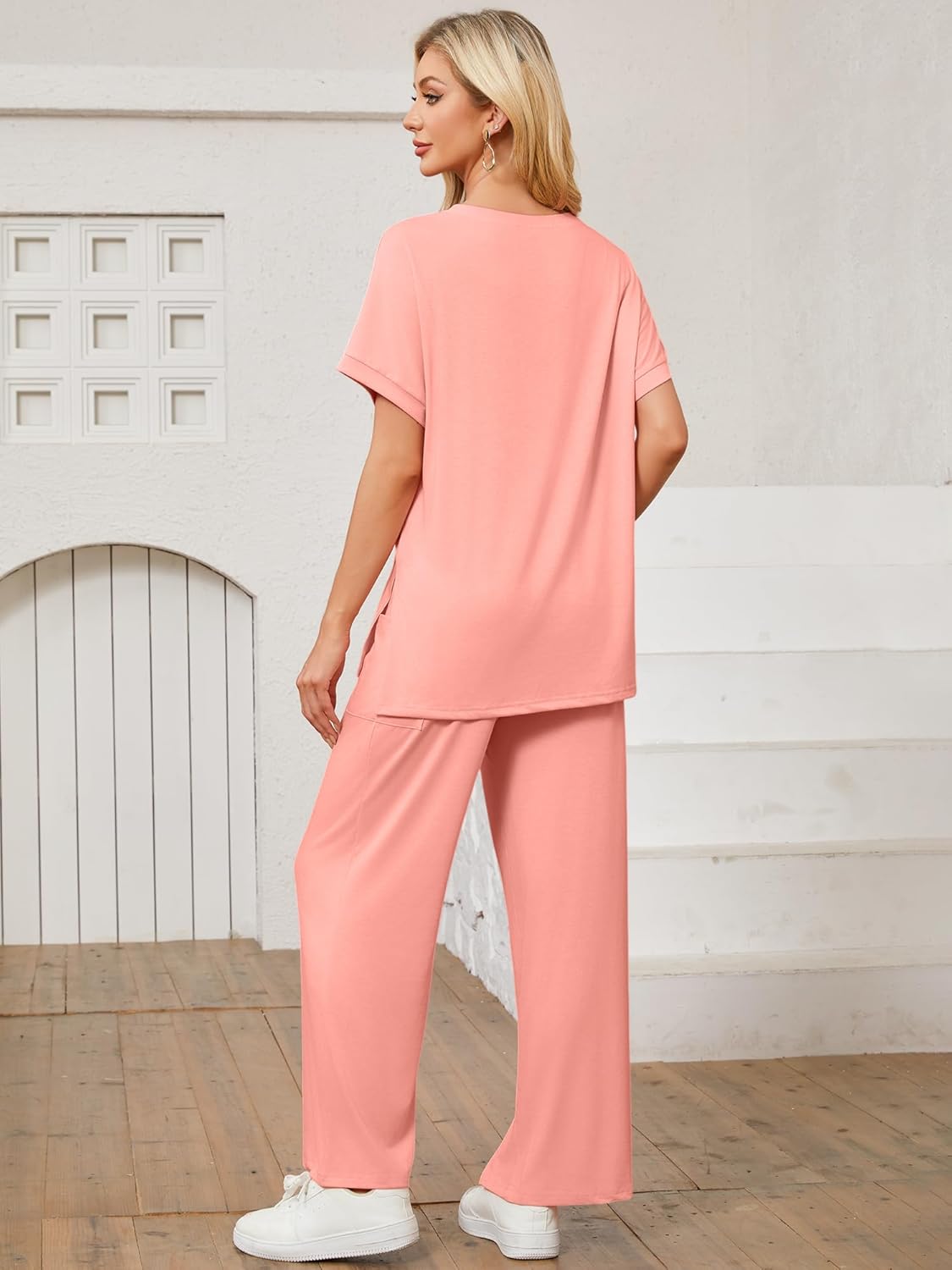 Womens 2 Piece Outfits Shorts Sleeve Tops Wide Leg Pants Casual Trendy Lounge Matching Set 2025 - Image 6