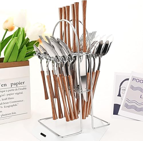 Miniatura 9 de Juego de cubiertos colgantes de 24 piezas con soporte para cubiertos, cubiertos de acero inoxidable con mango de madera, utensilios de cocina para