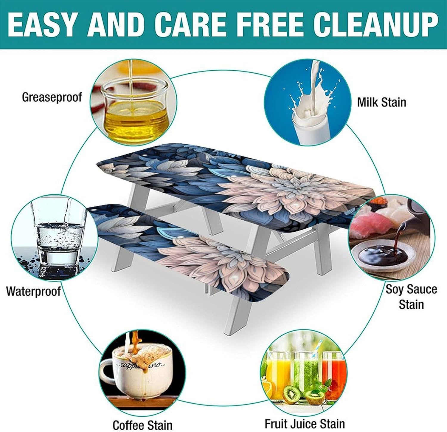 3-Piece Set Picnic Table Cover Camping, Flower Pattern Printed on Fitted Polyester Picnic Table Cover, for Picnic Camping and Dining Party 6FT (72"x30"+72"x12"*2)