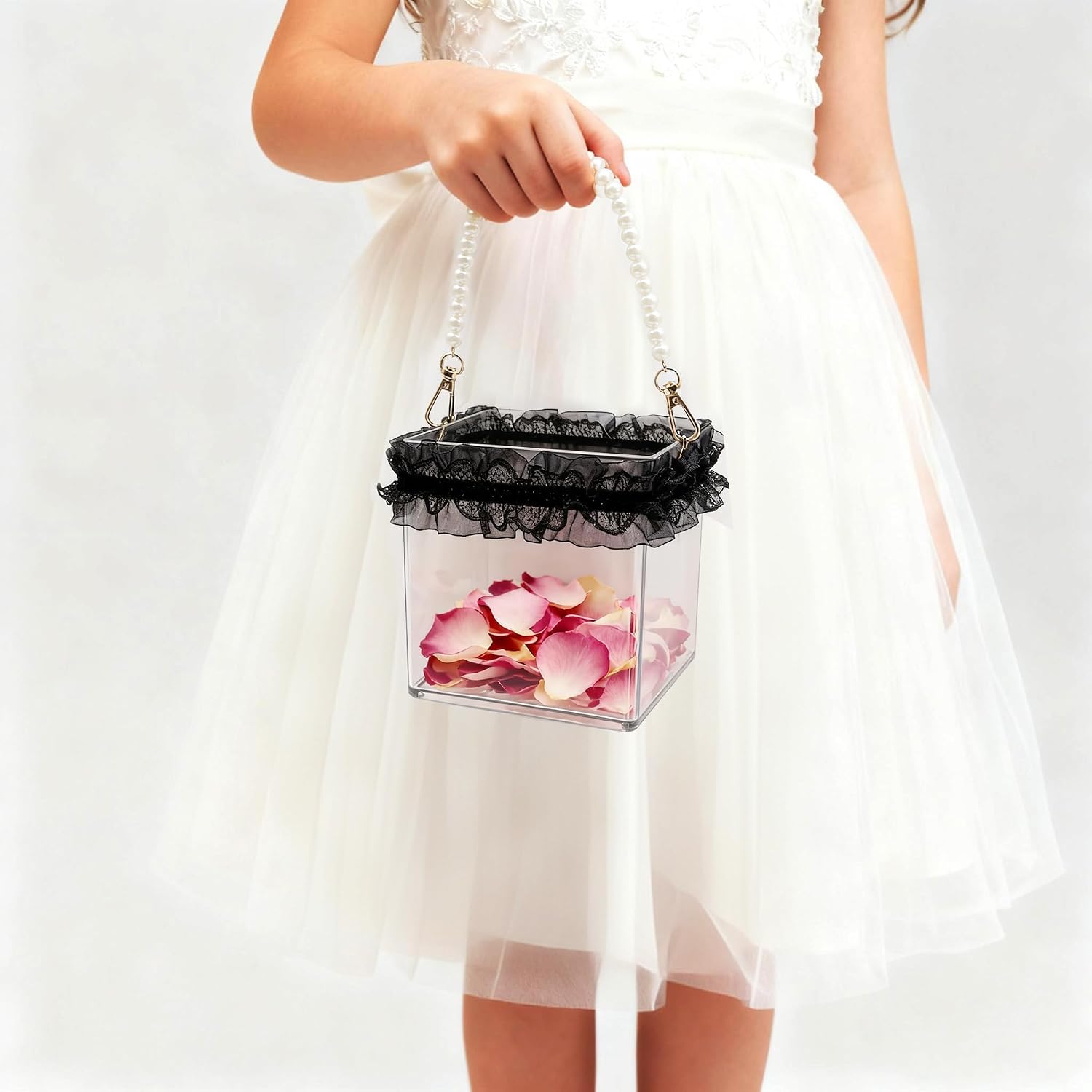 Wedding Flower Girl Basket Clear with Pearl Handle, Petals Basket with Lace, Decorative Flower Holder Container for Confetti