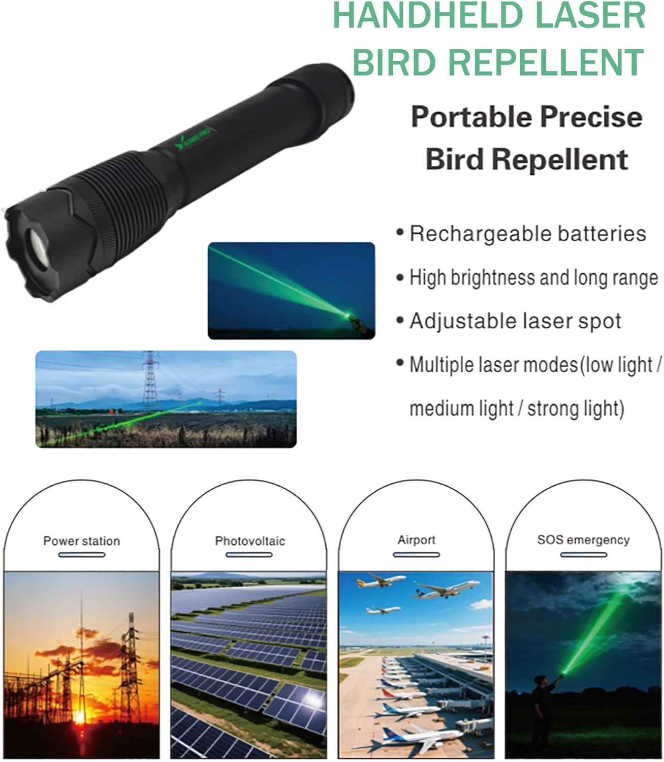 2in1 Bird Chaser Deterrent, Portable Handheld Bird Scare Devices, Adjustable Brightness High/Medium/Low, Customizable Logo, with Protective Cover