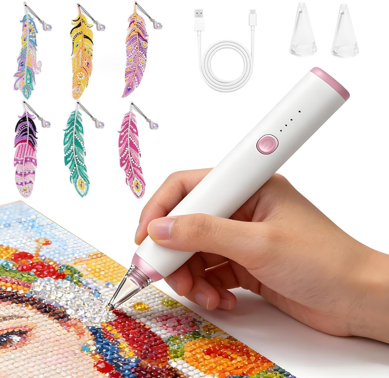 Colefoy Diamond Art Pens, Electric Diamond Painting Pen, Wireless Vacuum Pen for Diamond Painting Accessories, Diamond Art Tools Low-Noise Wax-Free, with 6 Feather Diamond Painting Bookmarks